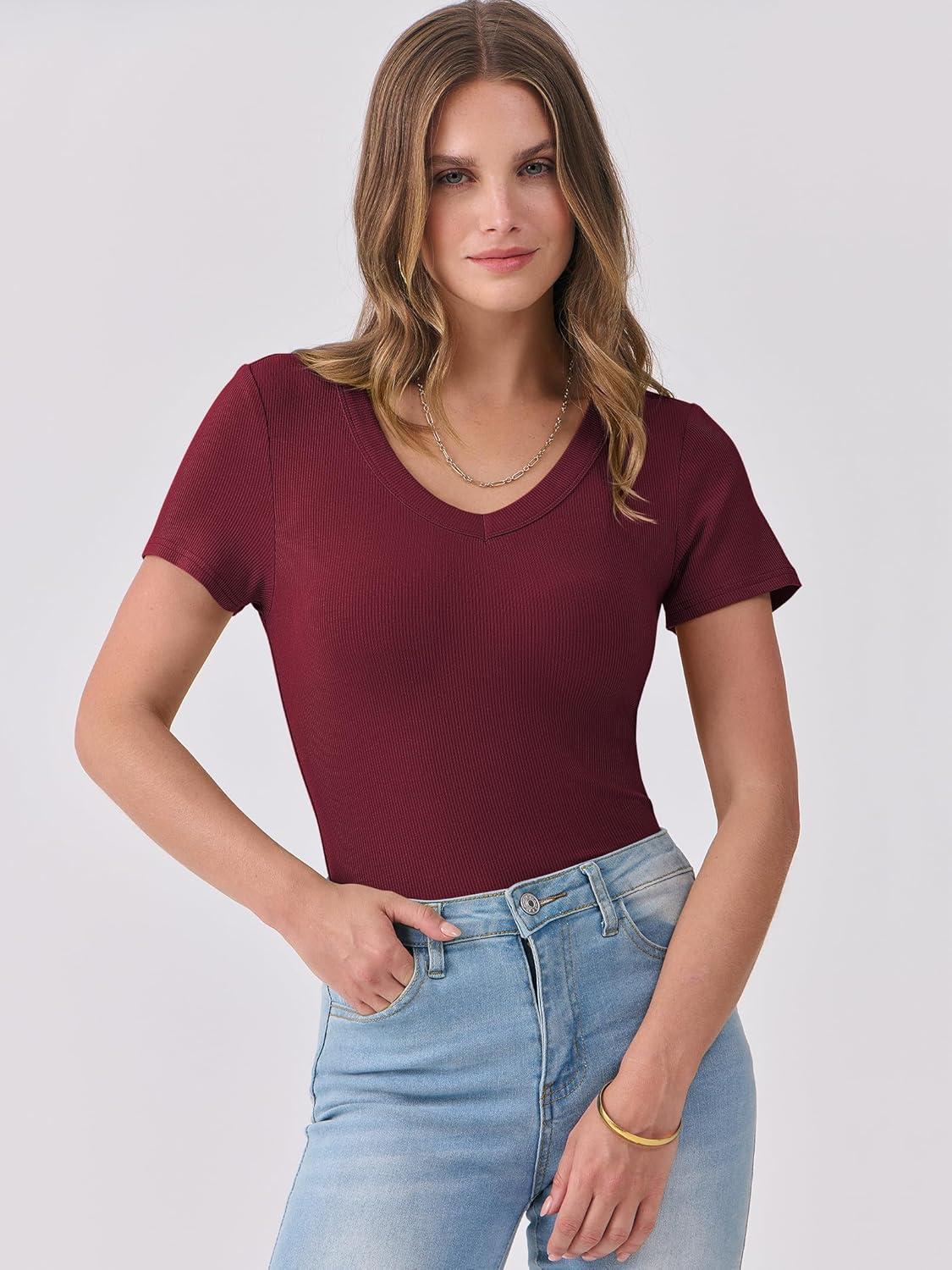 imageANRABESS Women Short Sleeve V Neck Ribbed Knit Fitted Shirts Basic Tees Tops 2025 Summer Casual TShirts Going Out OutfitsDeep Red