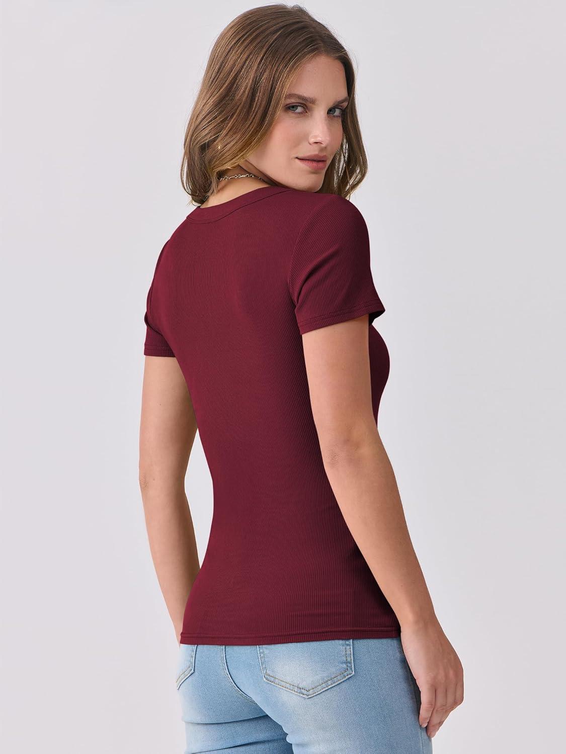 imageANRABESS Women Short Sleeve V Neck Ribbed Knit Fitted Shirts Basic Tees Tops 2025 Summer Casual TShirts Going Out OutfitsDeep Red