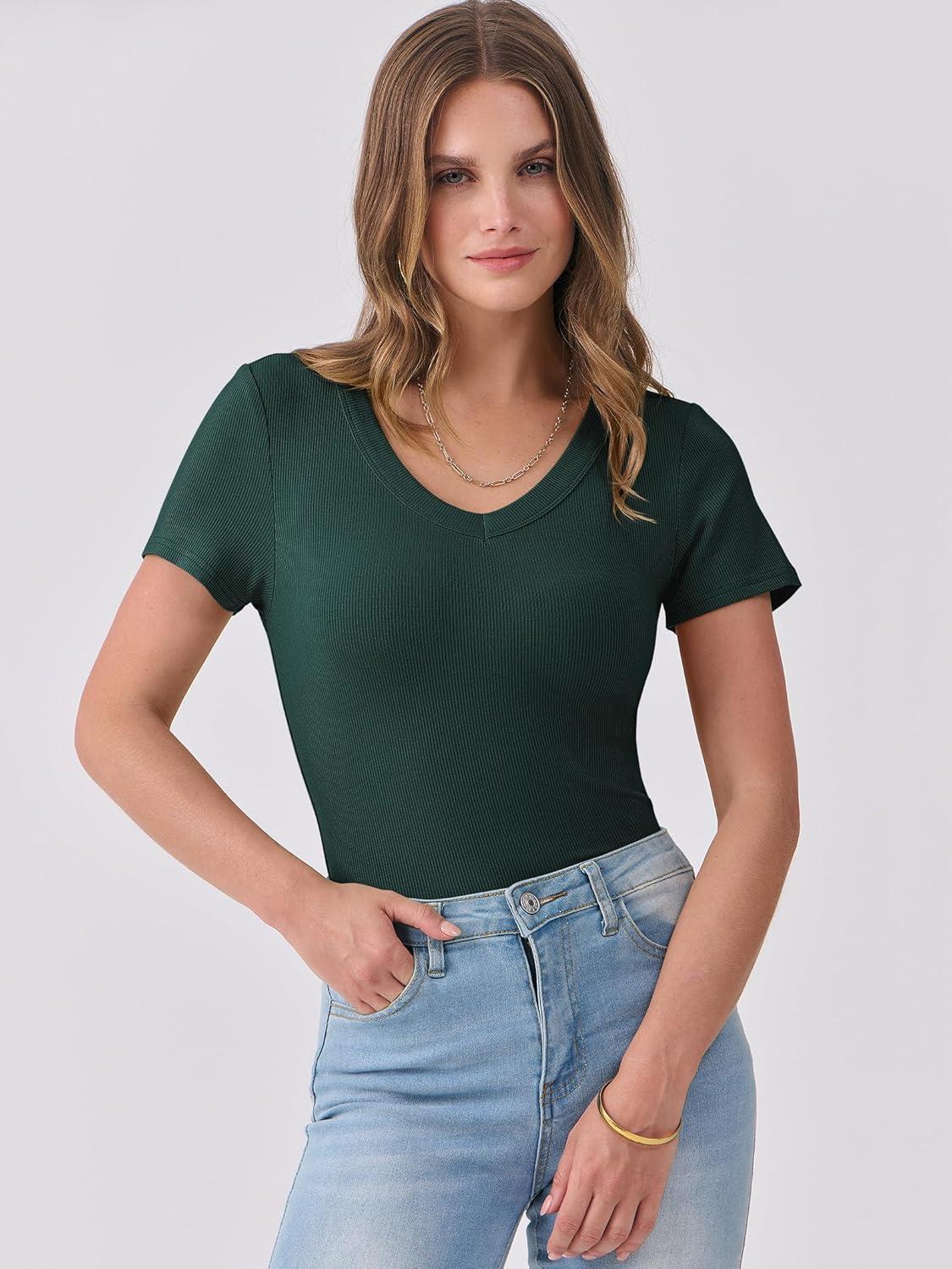 imageANRABESS Women Short Sleeve V Neck Ribbed Knit Fitted Shirts Basic Tees Tops 2025 Summer Casual TShirts Going Out OutfitsForest Green
