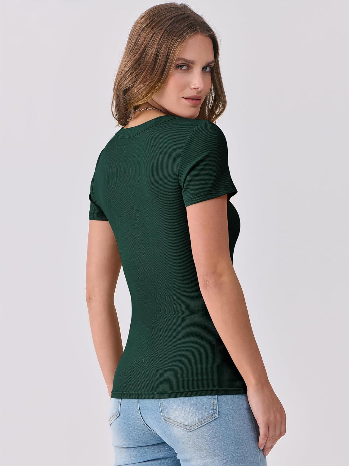 imageANRABESS Women Short Sleeve V Neck Ribbed Knit Fitted Shirts Basic Tees Tops 2025 Summer Casual TShirts Going Out OutfitsForest Green