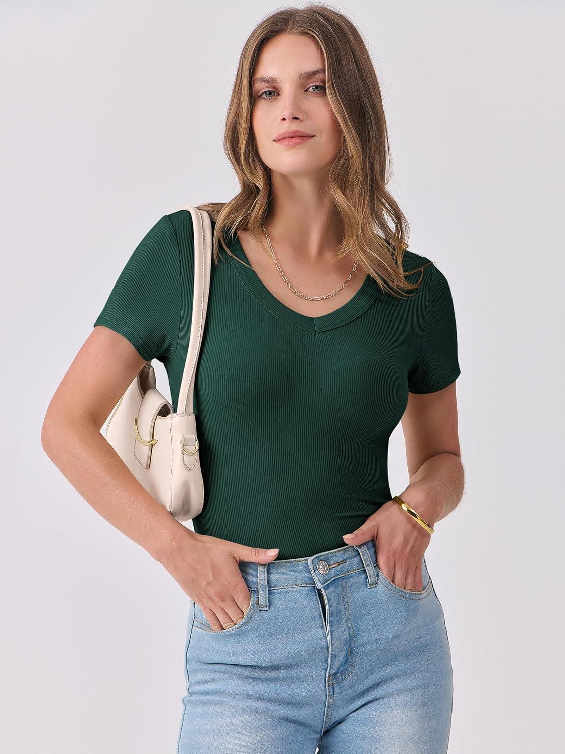 imageANRABESS Women Short Sleeve V Neck Ribbed Knit Fitted Shirts Basic Tees Tops 2025 Summer Casual TShirts Going Out OutfitsForest Green