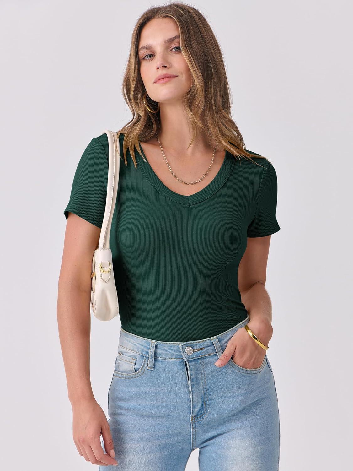 imageANRABESS Women Short Sleeve V Neck Ribbed Knit Fitted Shirts Basic Tees Tops 2025 Summer Casual TShirts Going Out OutfitsForest Green
