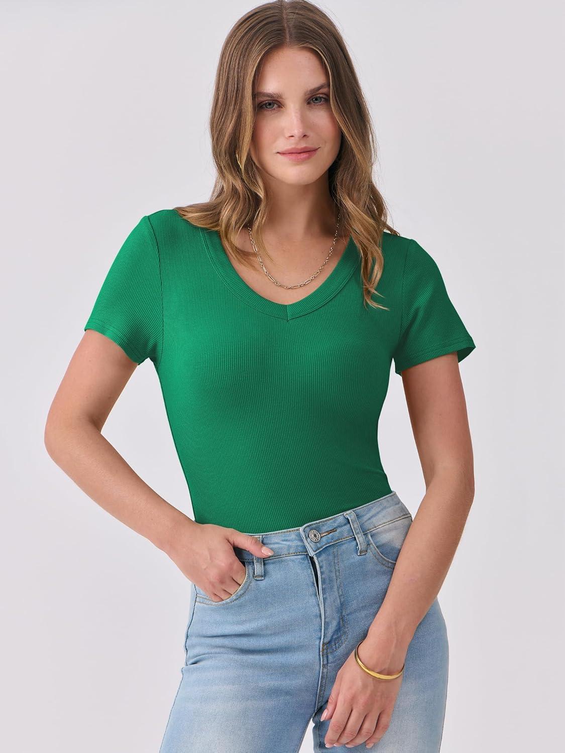 imageANRABESS Women Short Sleeve V Neck Ribbed Knit Fitted Shirts Basic Tees Tops 2025 Summer Casual TShirts Going Out OutfitsGreen