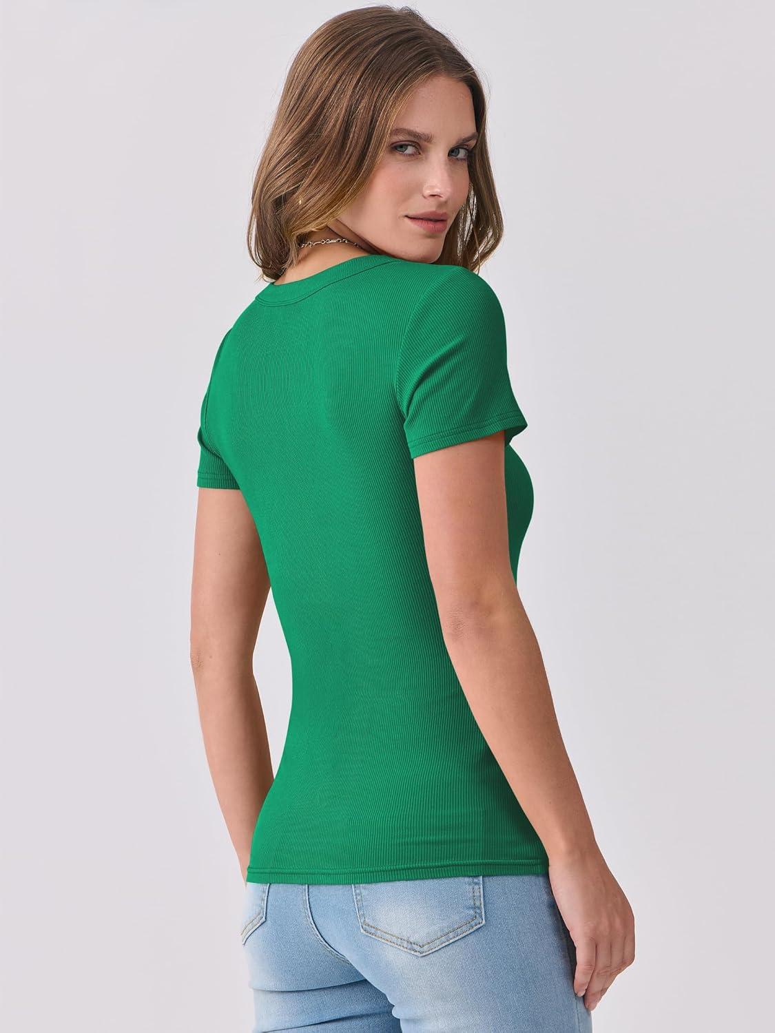 imageANRABESS Women Short Sleeve V Neck Ribbed Knit Fitted Shirts Basic Tees Tops 2025 Summer Casual TShirts Going Out OutfitsGreen