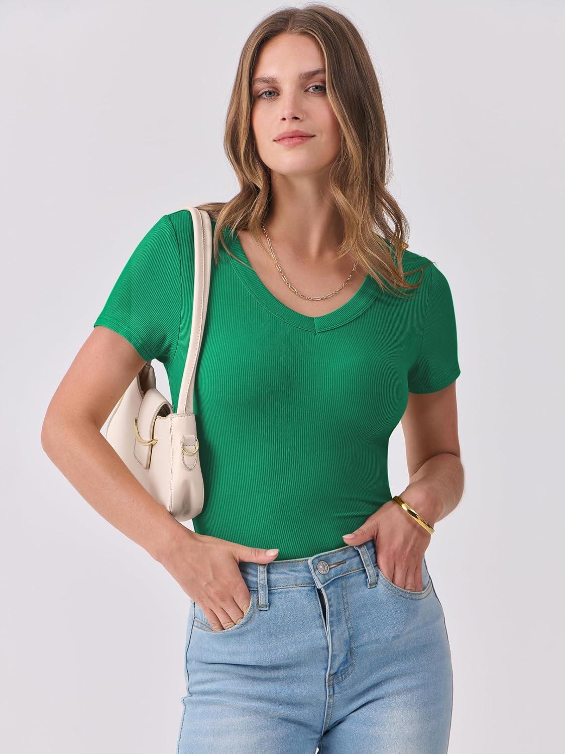 imageANRABESS Women Short Sleeve V Neck Ribbed Knit Fitted Shirts Basic Tees Tops 2025 Summer Casual TShirts Going Out OutfitsGreen