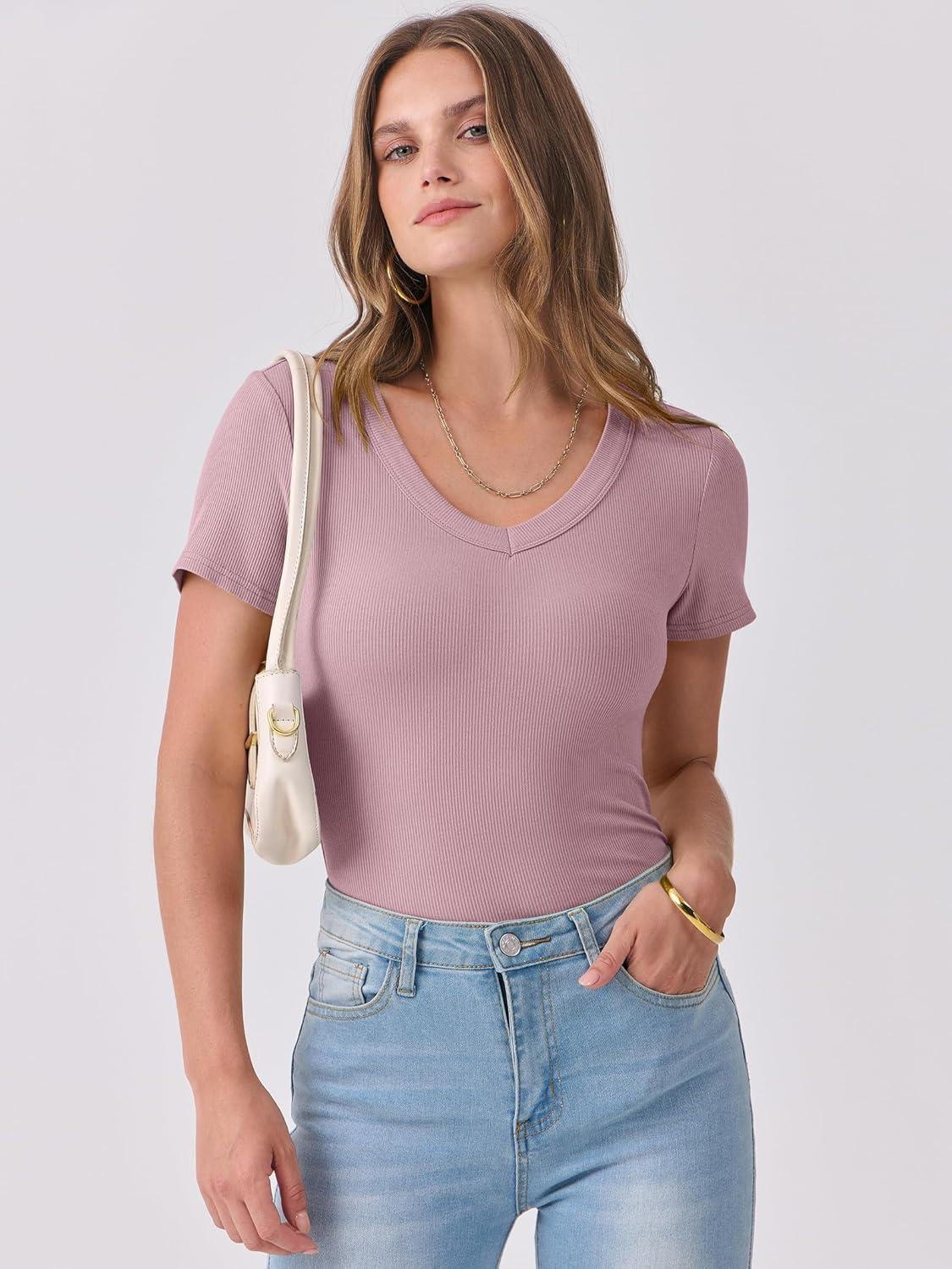 imageANRABESS Women Short Sleeve V Neck Ribbed Knit Fitted Shirts Basic Tees Tops 2025 Summer Casual TShirts Going Out OutfitsGrey Pink