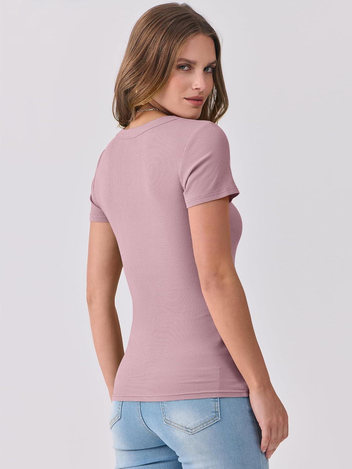 imageANRABESS Women Short Sleeve V Neck Ribbed Knit Fitted Shirts Basic Tees Tops 2025 Summer Casual TShirts Going Out OutfitsGrey Pink