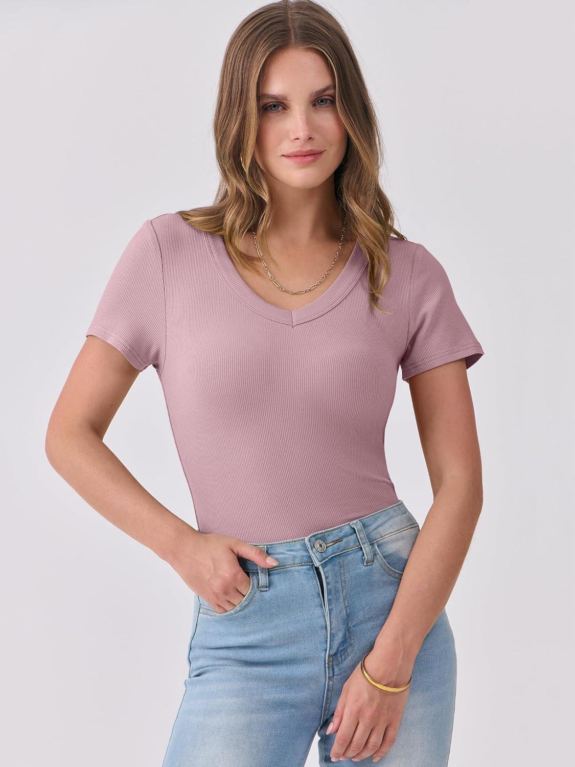 imageANRABESS Women Short Sleeve V Neck Ribbed Knit Fitted Shirts Basic Tees Tops 2025 Summer Casual TShirts Going Out OutfitsGrey Pink