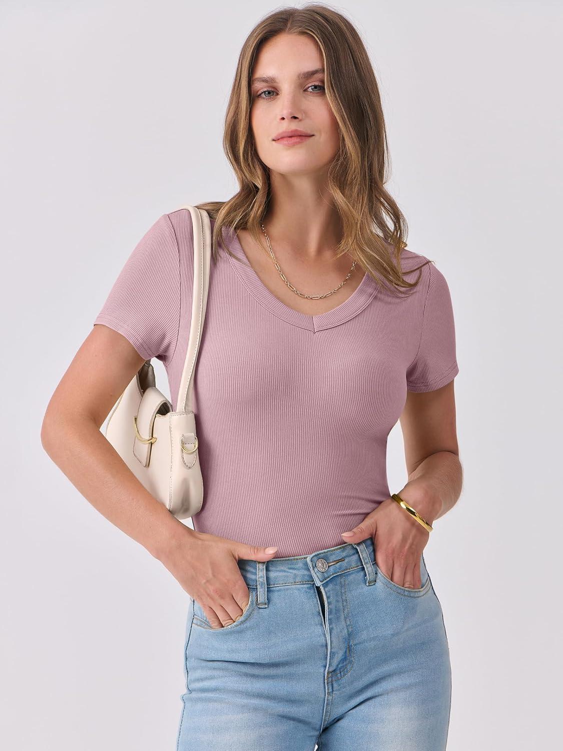 imageANRABESS Women Short Sleeve V Neck Ribbed Knit Fitted Shirts Basic Tees Tops 2025 Summer Casual TShirts Going Out OutfitsGrey Pink