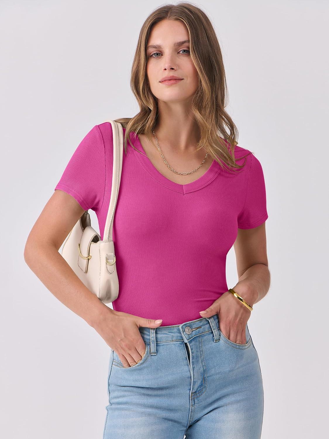 imageANRABESS Women Short Sleeve V Neck Ribbed Knit Fitted Shirts Basic Tees Tops 2025 Summer Casual TShirts Going Out OutfitsHot Pink