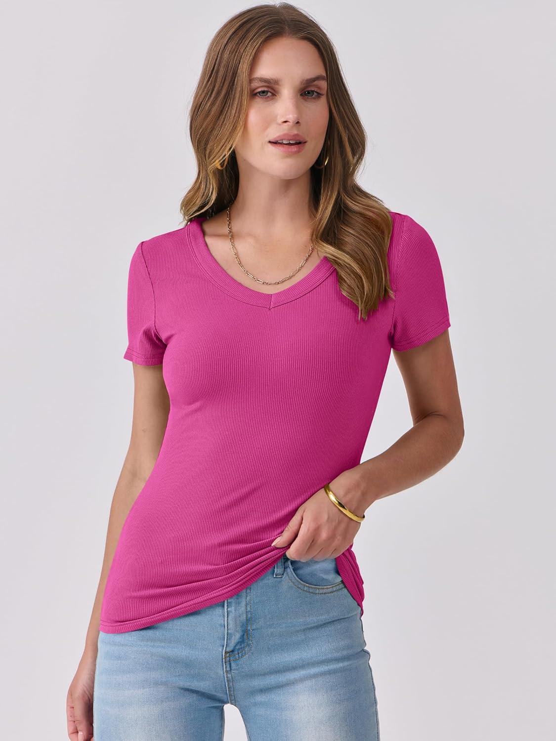 imageANRABESS Women Short Sleeve V Neck Ribbed Knit Fitted Shirts Basic Tees Tops 2025 Summer Casual TShirts Going Out OutfitsHot Pink