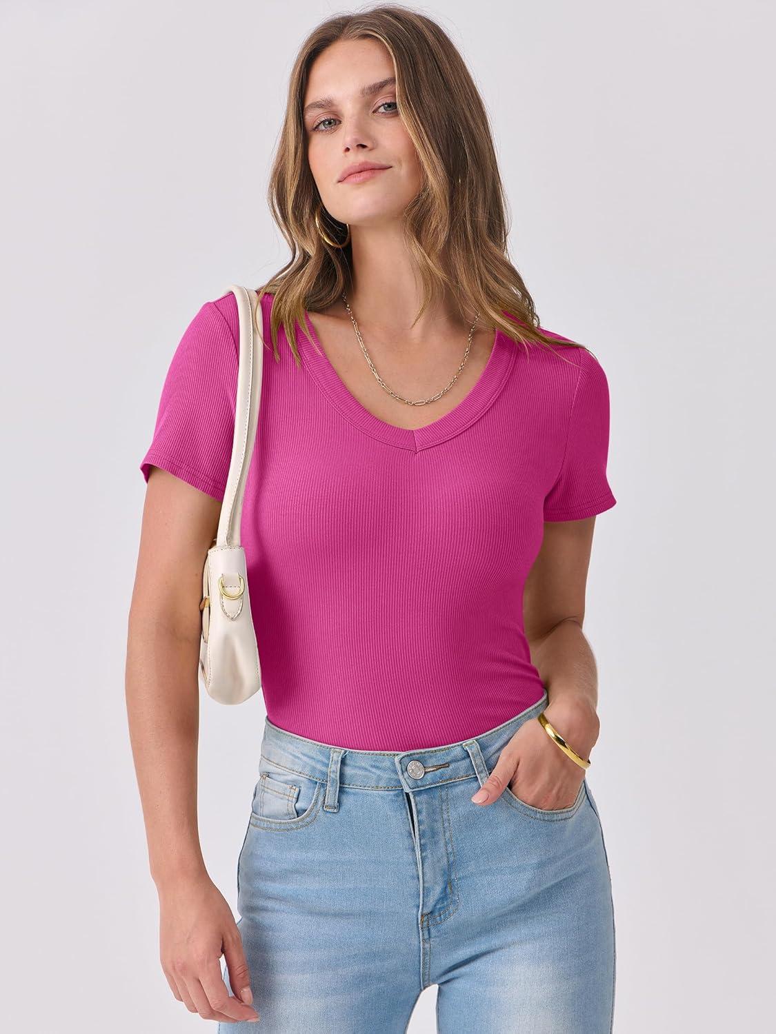 imageANRABESS Women Short Sleeve V Neck Ribbed Knit Fitted Shirts Basic Tees Tops 2025 Summer Casual TShirts Going Out OutfitsHot Pink