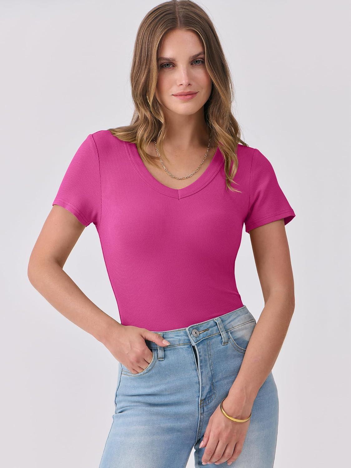 imageANRABESS Women Short Sleeve V Neck Ribbed Knit Fitted Shirts Basic Tees Tops 2025 Summer Casual TShirts Going Out OutfitsHot Pink