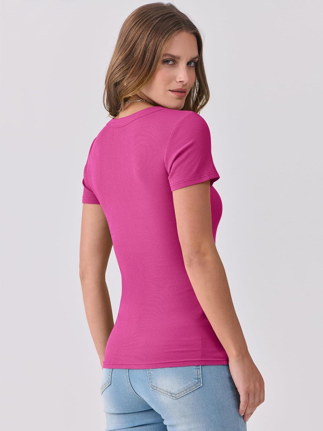 imageANRABESS Women Short Sleeve V Neck Ribbed Knit Fitted Shirts Basic Tees Tops 2025 Summer Casual TShirts Going Out OutfitsHot Pink
