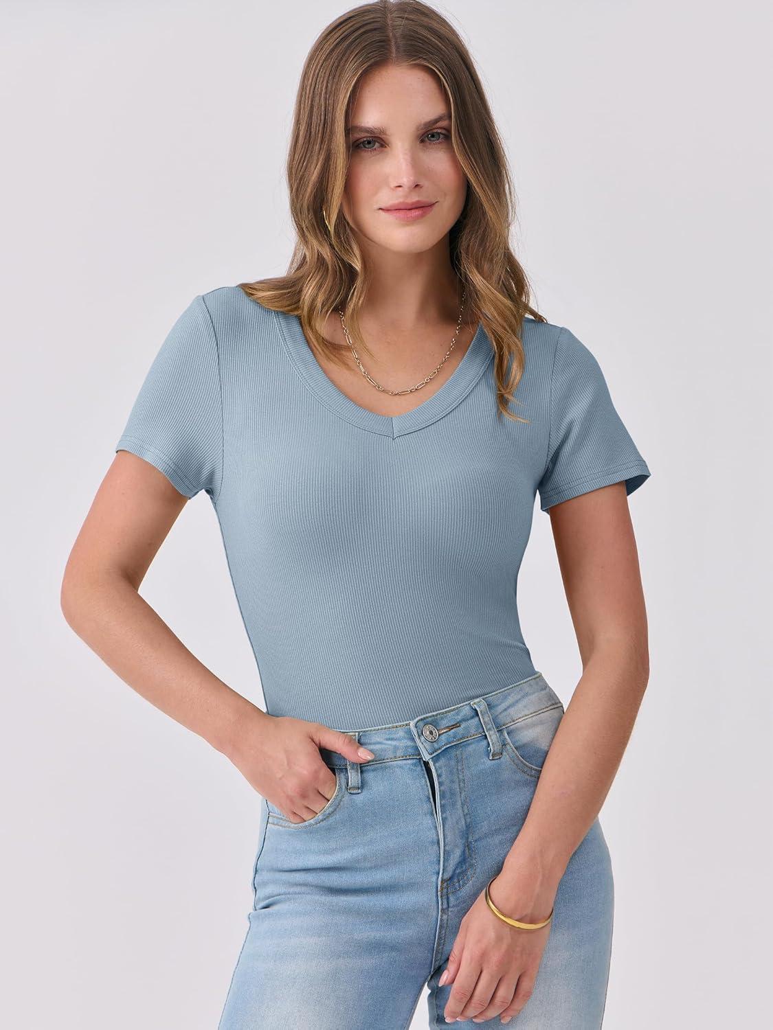 imageANRABESS Women Short Sleeve V Neck Ribbed Knit Fitted Shirts Basic Tees Tops 2025 Summer Casual TShirts Going Out OutfitsLight Blue