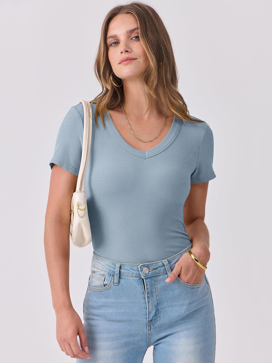 imageANRABESS Women Short Sleeve V Neck Ribbed Knit Fitted Shirts Basic Tees Tops 2025 Summer Casual TShirts Going Out OutfitsLight Blue