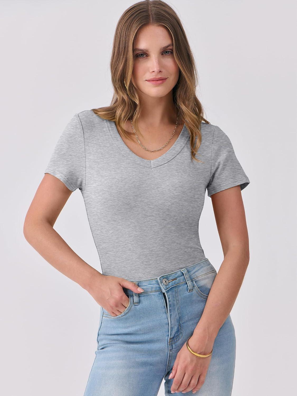 imageANRABESS Women Short Sleeve V Neck Ribbed Knit Fitted Shirts Basic Tees Tops 2025 Summer Casual TShirts Going Out OutfitsLight Gray