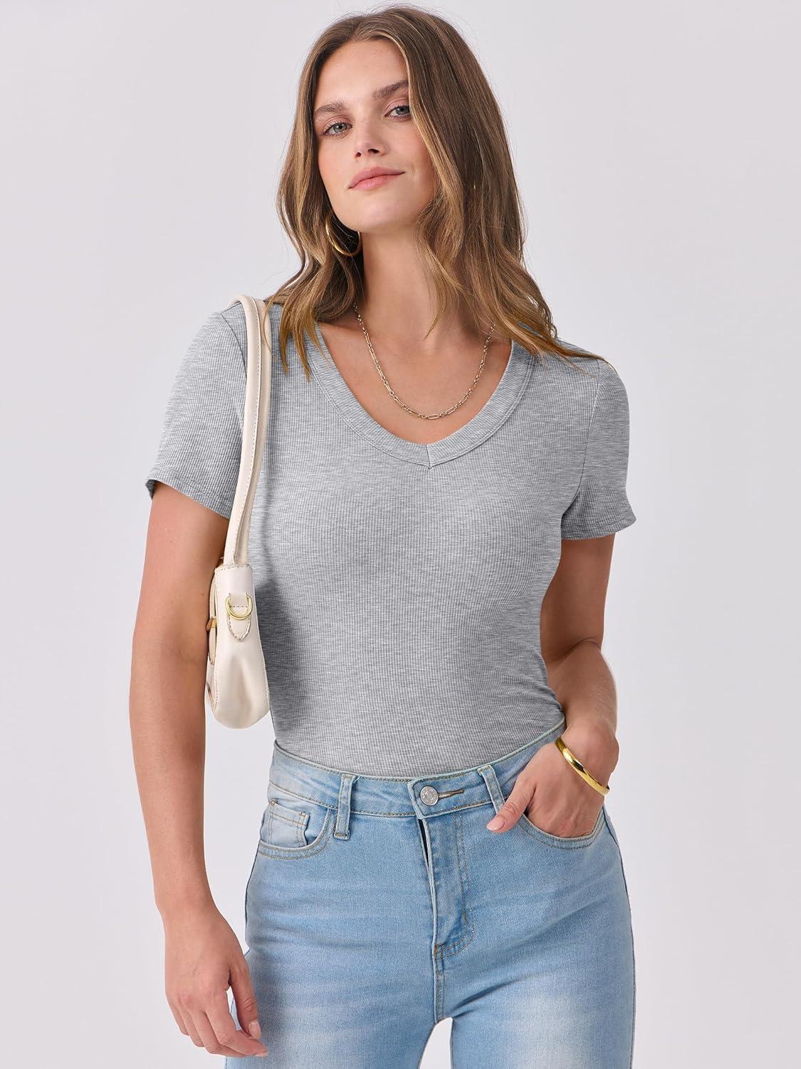 imageANRABESS Women Short Sleeve V Neck Ribbed Knit Fitted Shirts Basic Tees Tops 2025 Summer Casual TShirts Going Out OutfitsLight Gray