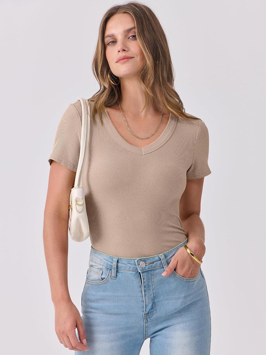 imageANRABESS Women Short Sleeve V Neck Ribbed Knit Fitted Shirts Basic Tees Tops 2025 Summer Casual TShirts Going Out OutfitsLight Khaki