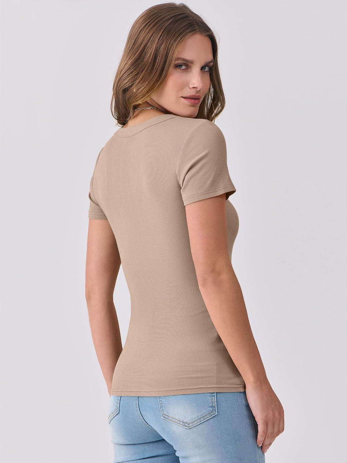 imageANRABESS Women Short Sleeve V Neck Ribbed Knit Fitted Shirts Basic Tees Tops 2025 Summer Casual TShirts Going Out OutfitsLight Khaki