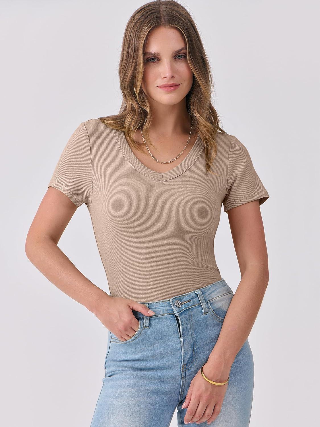 imageANRABESS Women Short Sleeve V Neck Ribbed Knit Fitted Shirts Basic Tees Tops 2025 Summer Casual TShirts Going Out OutfitsLight Khaki