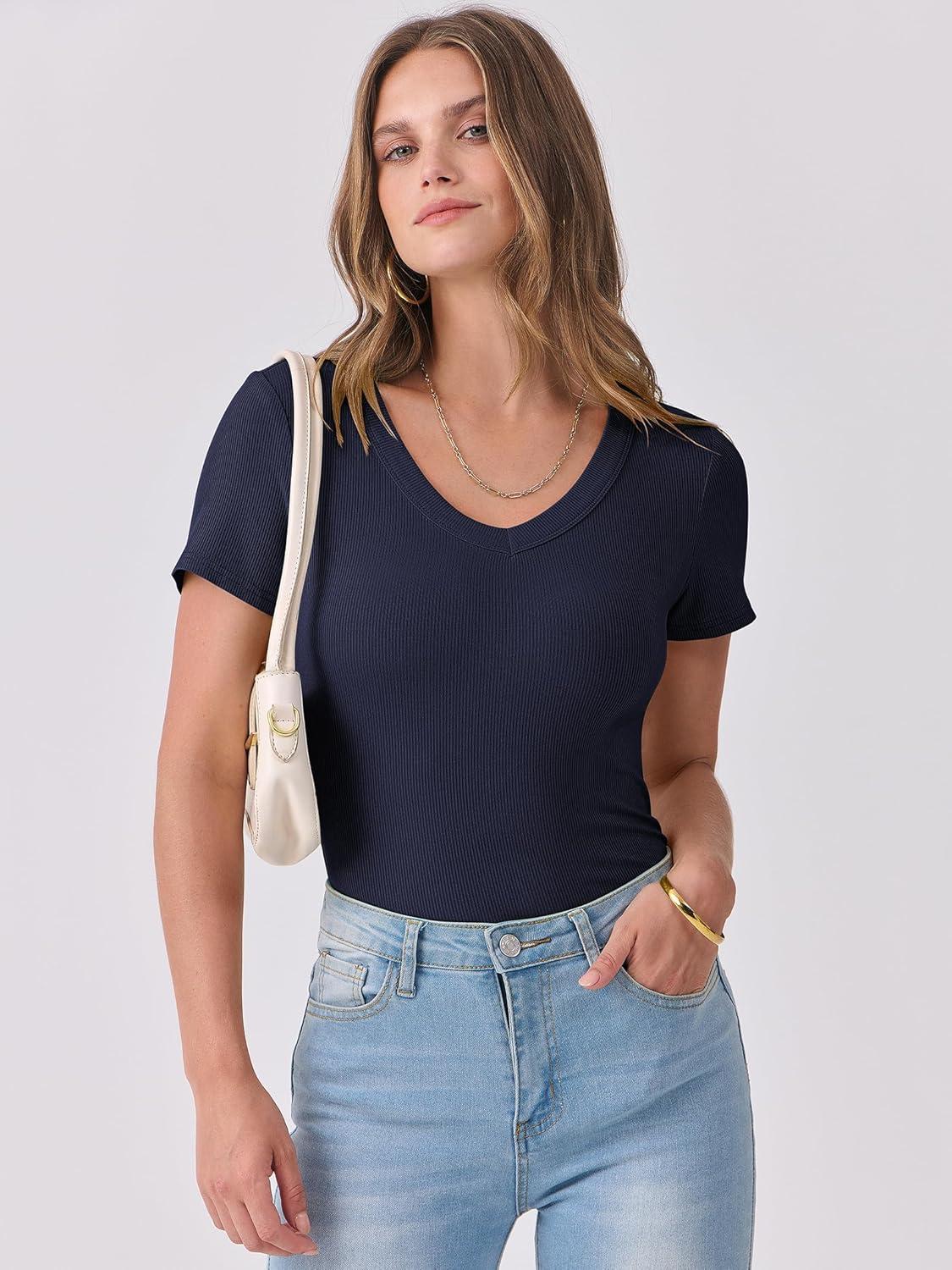 imageANRABESS Women Short Sleeve V Neck Ribbed Knit Fitted Shirts Basic Tees Tops 2025 Summer Casual TShirts Going Out OutfitsNavy Blue