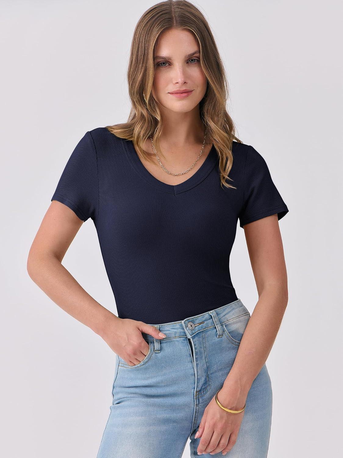 imageANRABESS Women Short Sleeve V Neck Ribbed Knit Fitted Shirts Basic Tees Tops 2025 Summer Casual TShirts Going Out OutfitsNavy Blue