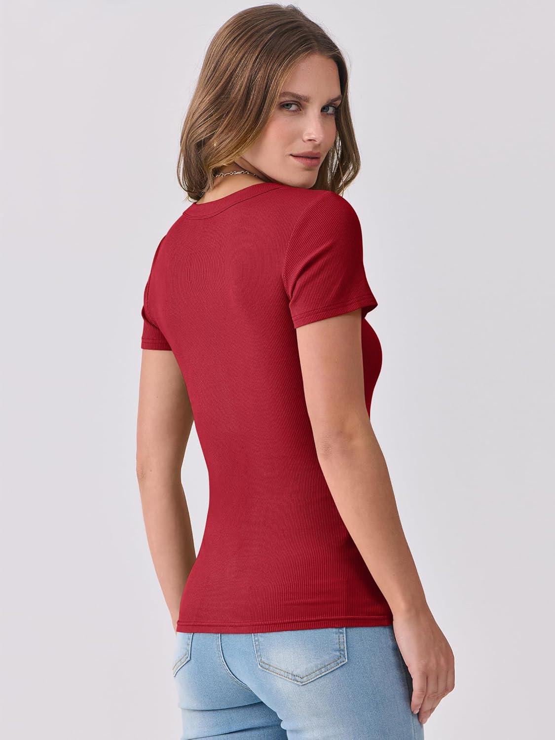 imageANRABESS Women Short Sleeve V Neck Ribbed Knit Fitted Shirts Basic Tees Tops 2025 Summer Casual TShirts Going Out OutfitsRed