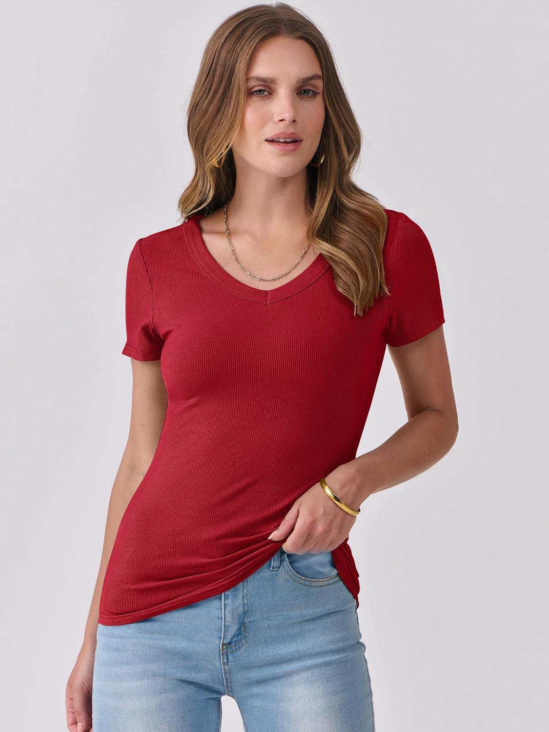 imageANRABESS Women Short Sleeve V Neck Ribbed Knit Fitted Shirts Basic Tees Tops 2025 Summer Casual TShirts Going Out OutfitsRed