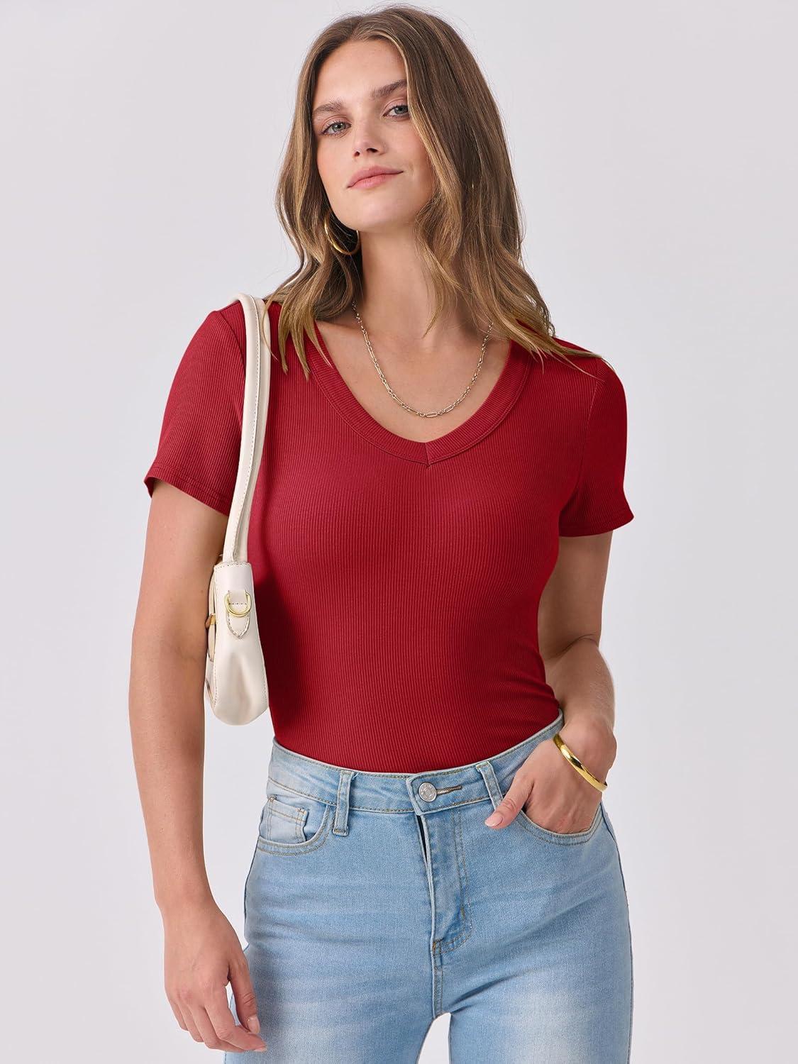 imageANRABESS Women Short Sleeve V Neck Ribbed Knit Fitted Shirts Basic Tees Tops 2025 Summer Casual TShirts Going Out OutfitsRed