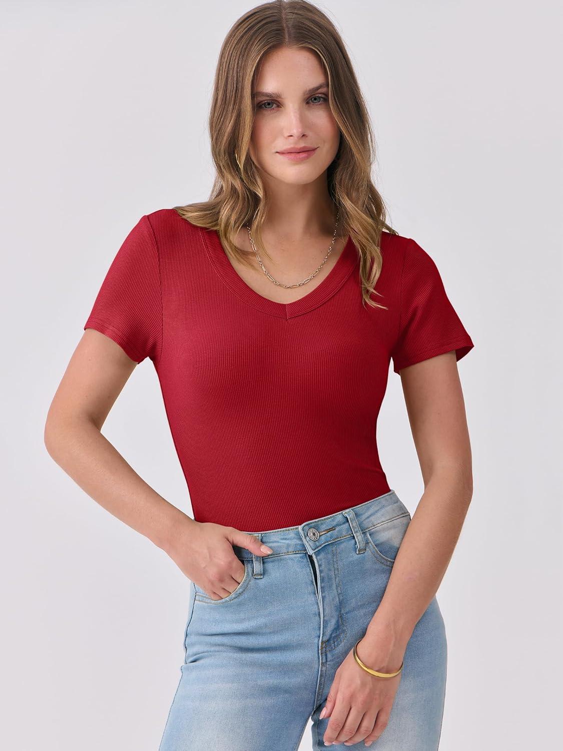 imageANRABESS Women Short Sleeve V Neck Ribbed Knit Fitted Shirts Basic Tees Tops 2025 Summer Casual TShirts Going Out OutfitsRed
