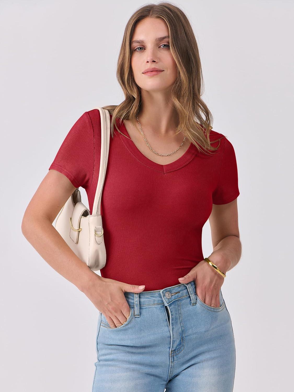 imageANRABESS Women Short Sleeve V Neck Ribbed Knit Fitted Shirts Basic Tees Tops 2025 Summer Casual TShirts Going Out OutfitsRed