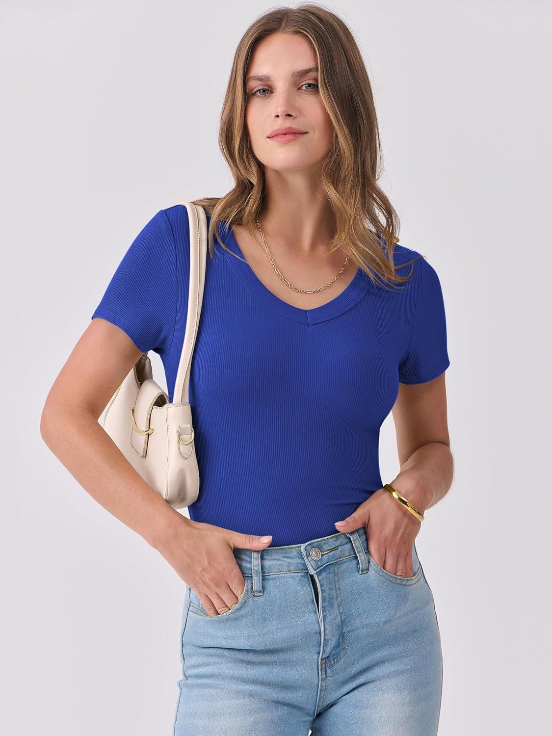 imageANRABESS Women Short Sleeve V Neck Ribbed Knit Fitted Shirts Basic Tees Tops 2025 Summer Casual TShirts Going Out OutfitsRoyal Blue
