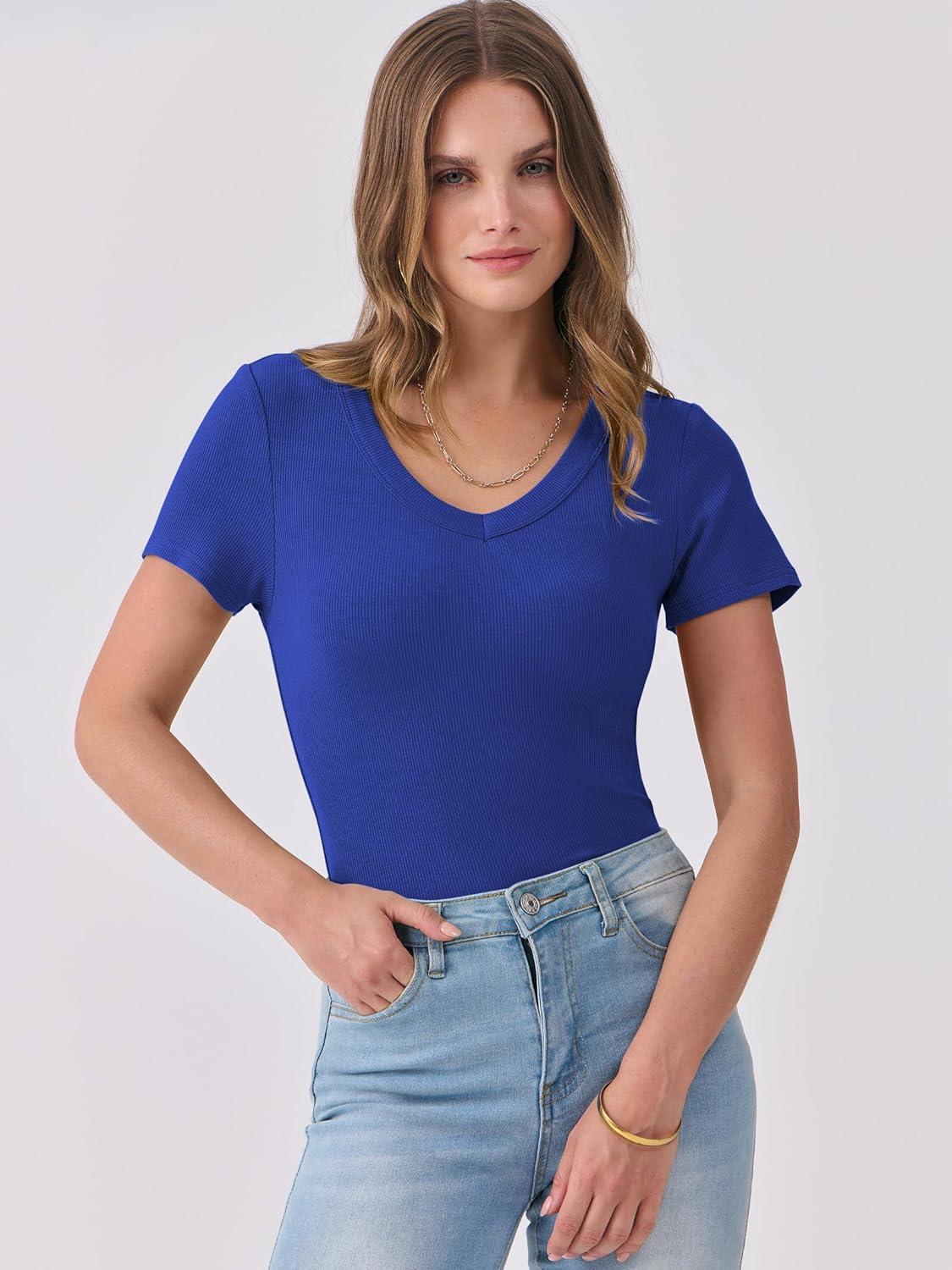 imageANRABESS Women Short Sleeve V Neck Ribbed Knit Fitted Shirts Basic Tees Tops 2025 Summer Casual TShirts Going Out OutfitsRoyal Blue