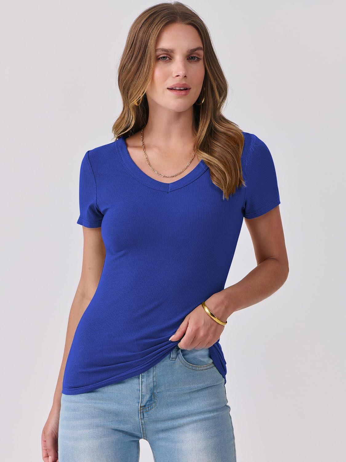 imageANRABESS Women Short Sleeve V Neck Ribbed Knit Fitted Shirts Basic Tees Tops 2025 Summer Casual TShirts Going Out OutfitsRoyal Blue