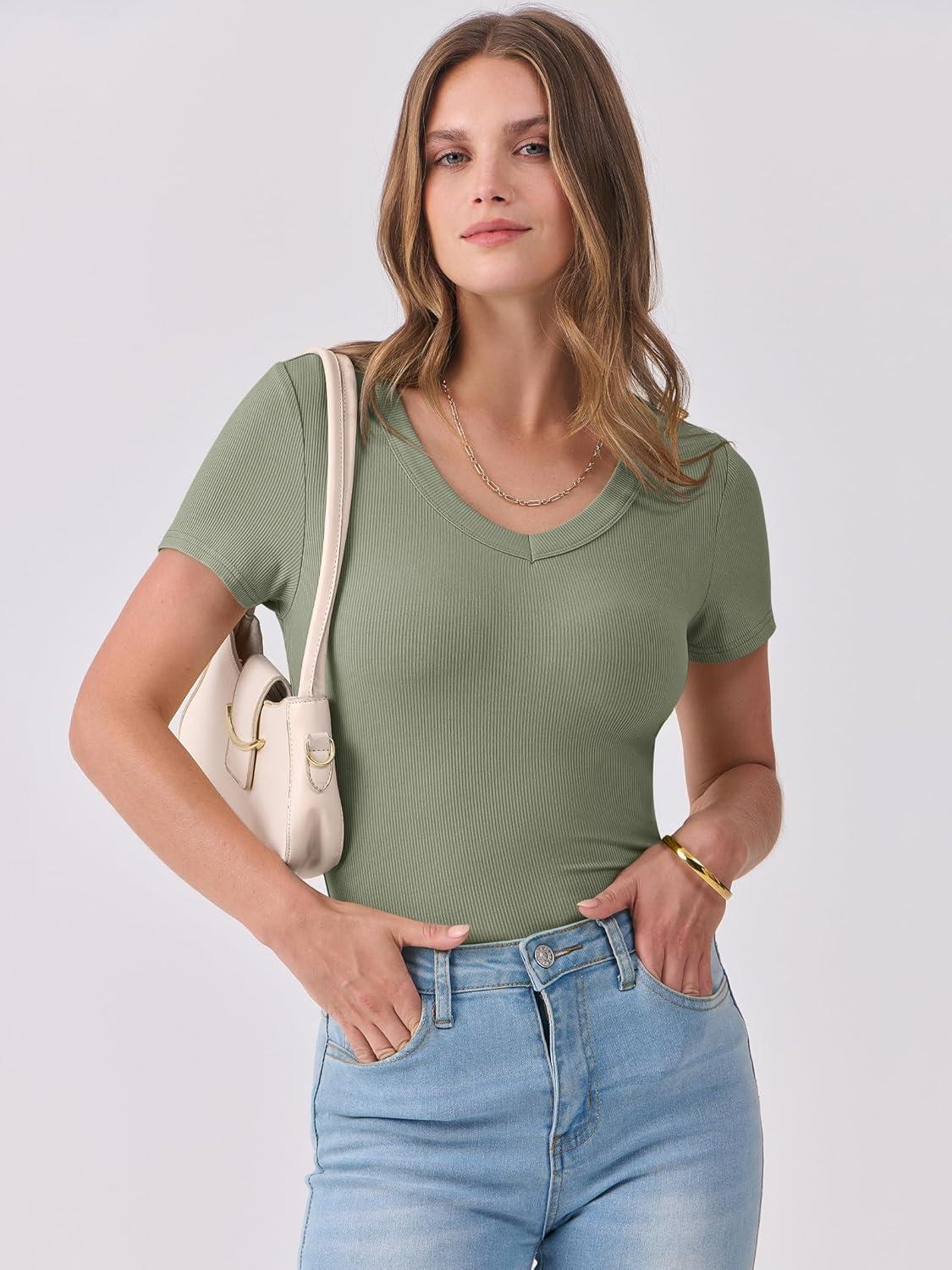 imageANRABESS Women Short Sleeve V Neck Ribbed Knit Fitted Shirts Basic Tees Tops 2025 Summer Casual TShirts Going Out OutfitsSage Green