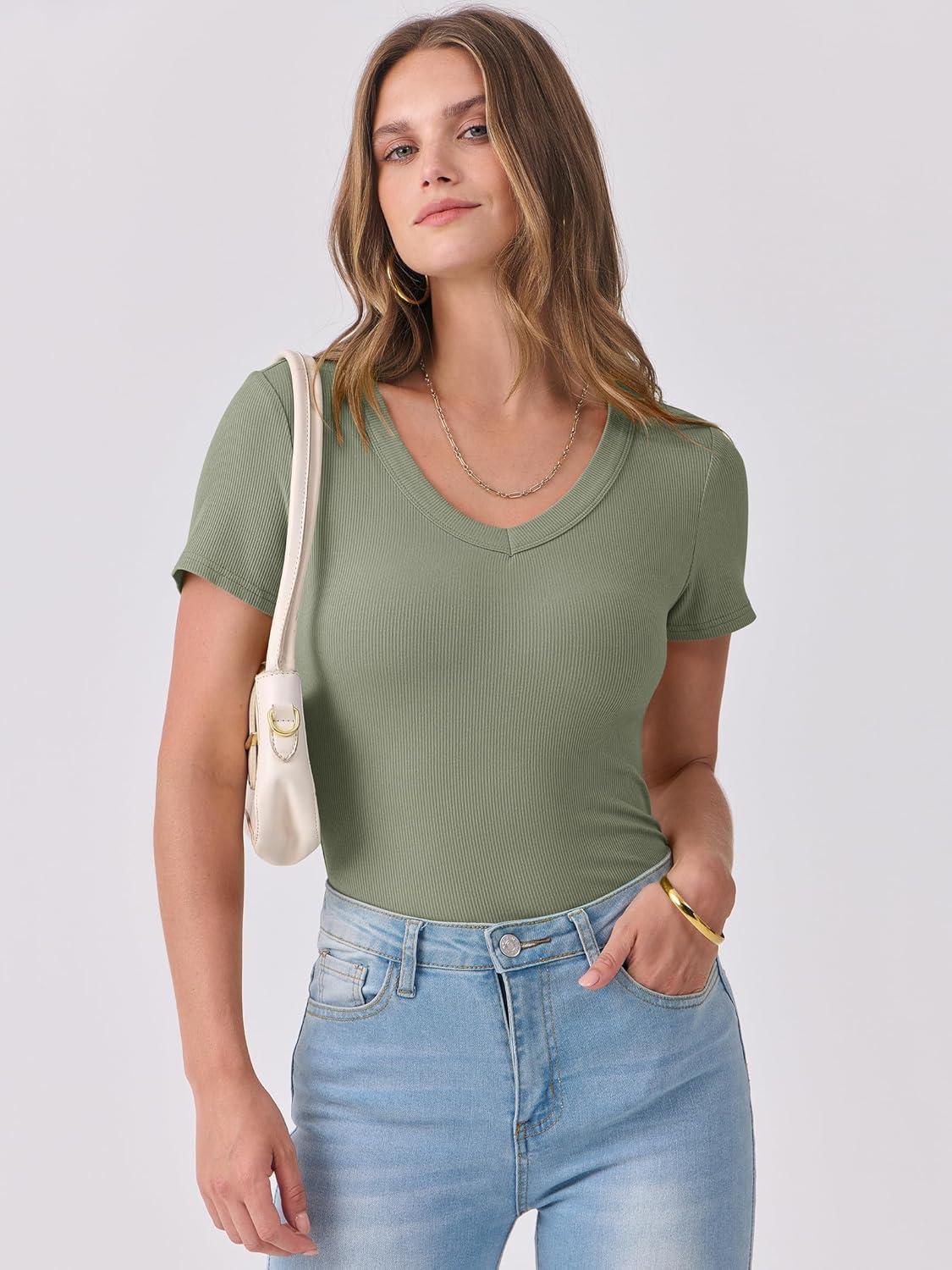 imageANRABESS Women Short Sleeve V Neck Ribbed Knit Fitted Shirts Basic Tees Tops 2025 Summer Casual TShirts Going Out OutfitsSage Green