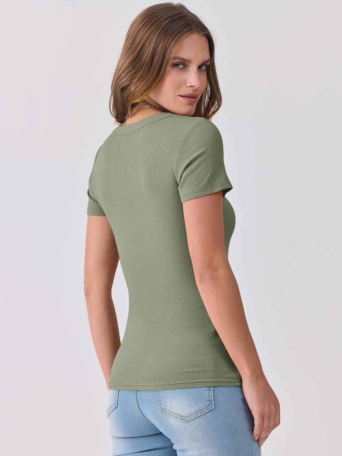 imageANRABESS Women Short Sleeve V Neck Ribbed Knit Fitted Shirts Basic Tees Tops 2025 Summer Casual TShirts Going Out OutfitsSage Green