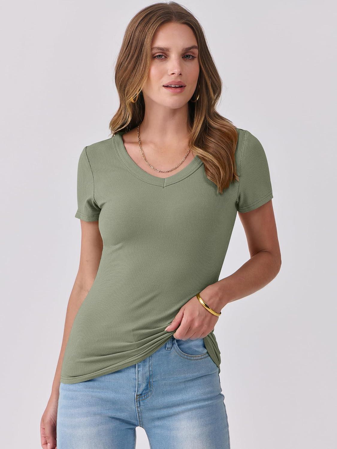 imageANRABESS Women Short Sleeve V Neck Ribbed Knit Fitted Shirts Basic Tees Tops 2025 Summer Casual TShirts Going Out OutfitsSage Green