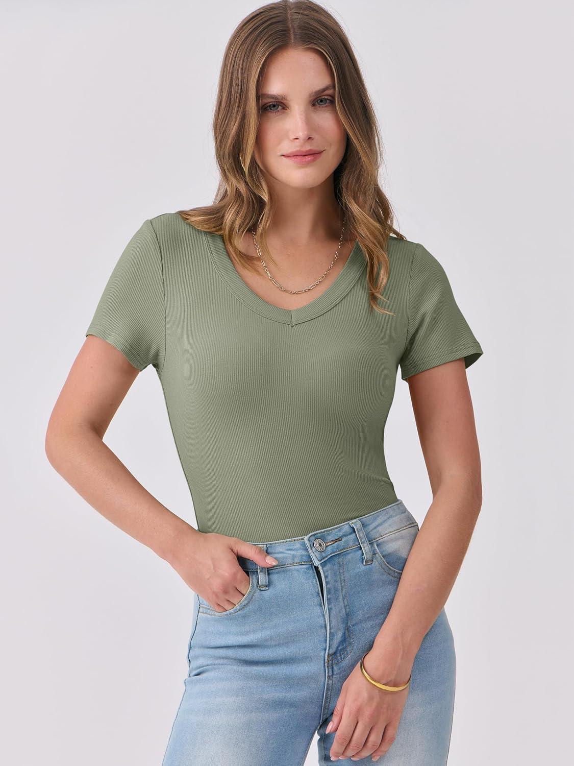 imageANRABESS Women Short Sleeve V Neck Ribbed Knit Fitted Shirts Basic Tees Tops 2025 Summer Casual TShirts Going Out OutfitsSage Green