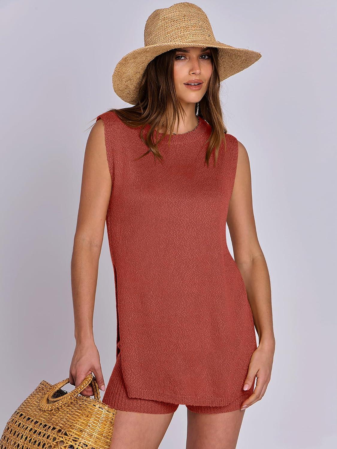 imageANRABESS Women Summer 2 Piece Outfits Sleeveless Knit Sweater Top ampamp Shorts Soft Lounge Sets Travel Beach 2025 Spring ClothesRust