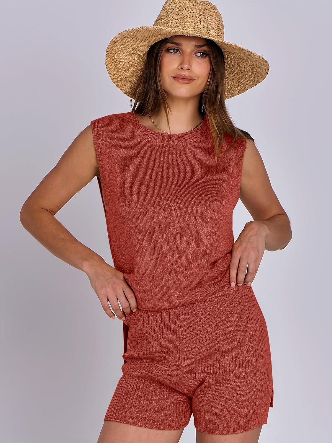 imageANRABESS Women Summer 2 Piece Outfits Sleeveless Knit Sweater Top ampamp Shorts Soft Lounge Sets Travel Beach 2025 Spring ClothesRust