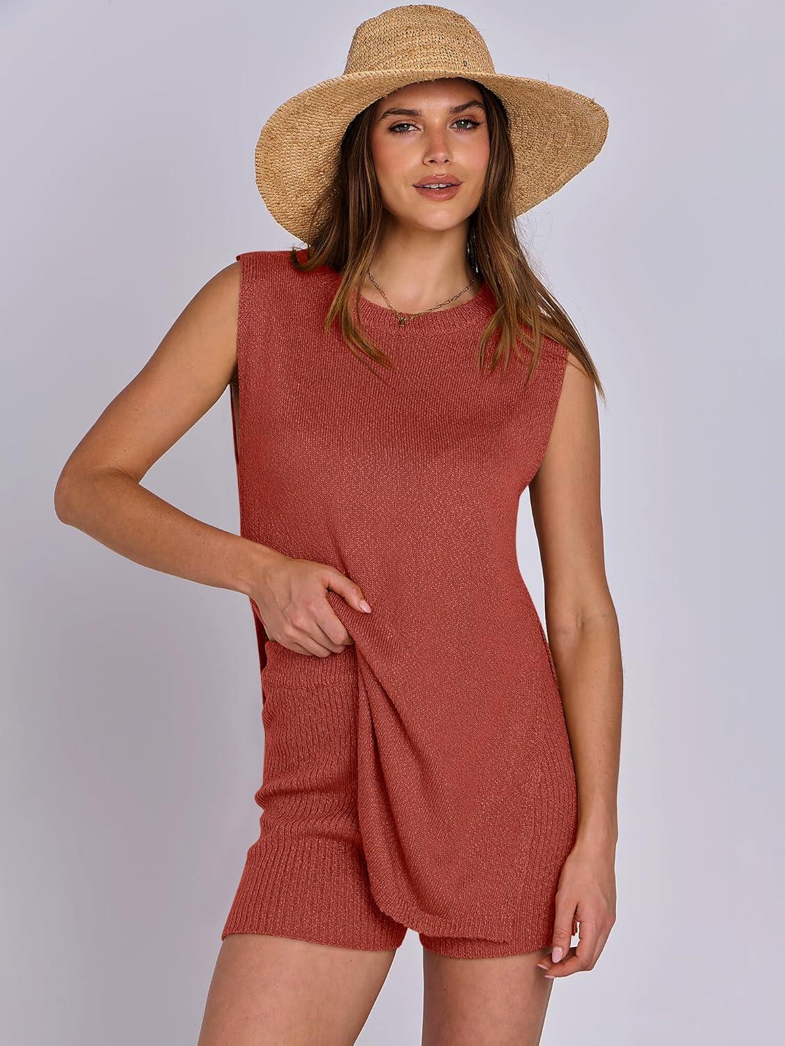 imageANRABESS Women Summer 2 Piece Outfits Sleeveless Knit Sweater Top ampamp Shorts Soft Lounge Sets Travel Beach 2025 Spring ClothesRust
