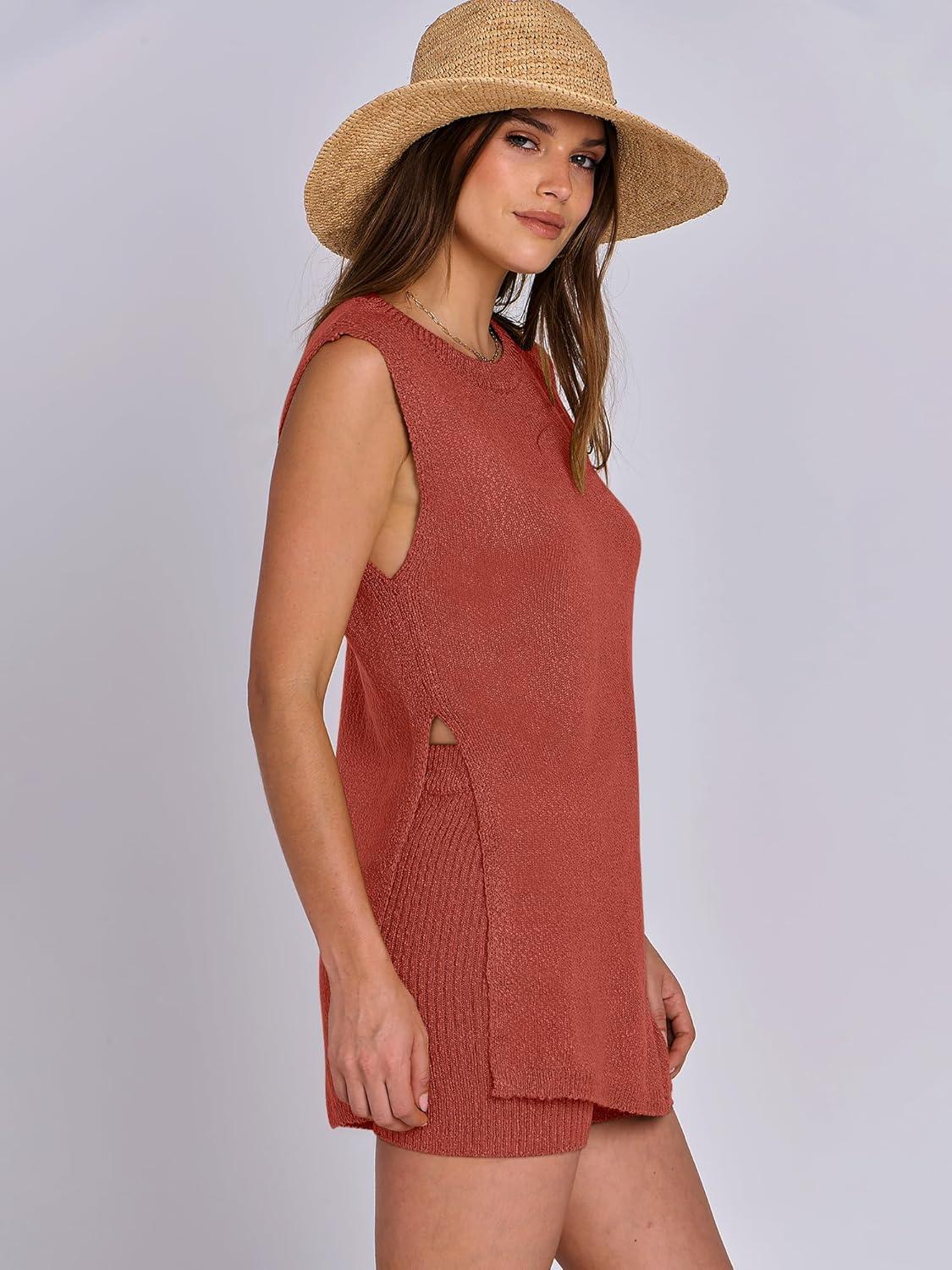 imageANRABESS Women Summer 2 Piece Outfits Sleeveless Knit Sweater Top ampamp Shorts Soft Lounge Sets Travel Beach 2025 Spring ClothesRust