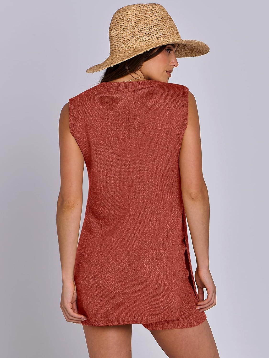 imageANRABESS Women Summer 2 Piece Outfits Sleeveless Knit Sweater Top ampamp Shorts Soft Lounge Sets Travel Beach 2025 Spring ClothesRust