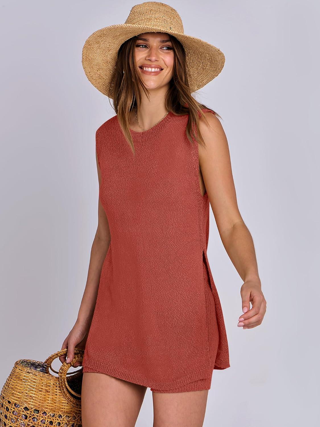 imageANRABESS Women Summer 2 Piece Outfits Sleeveless Knit Sweater Top ampamp Shorts Soft Lounge Sets Travel Beach 2025 Spring ClothesRust