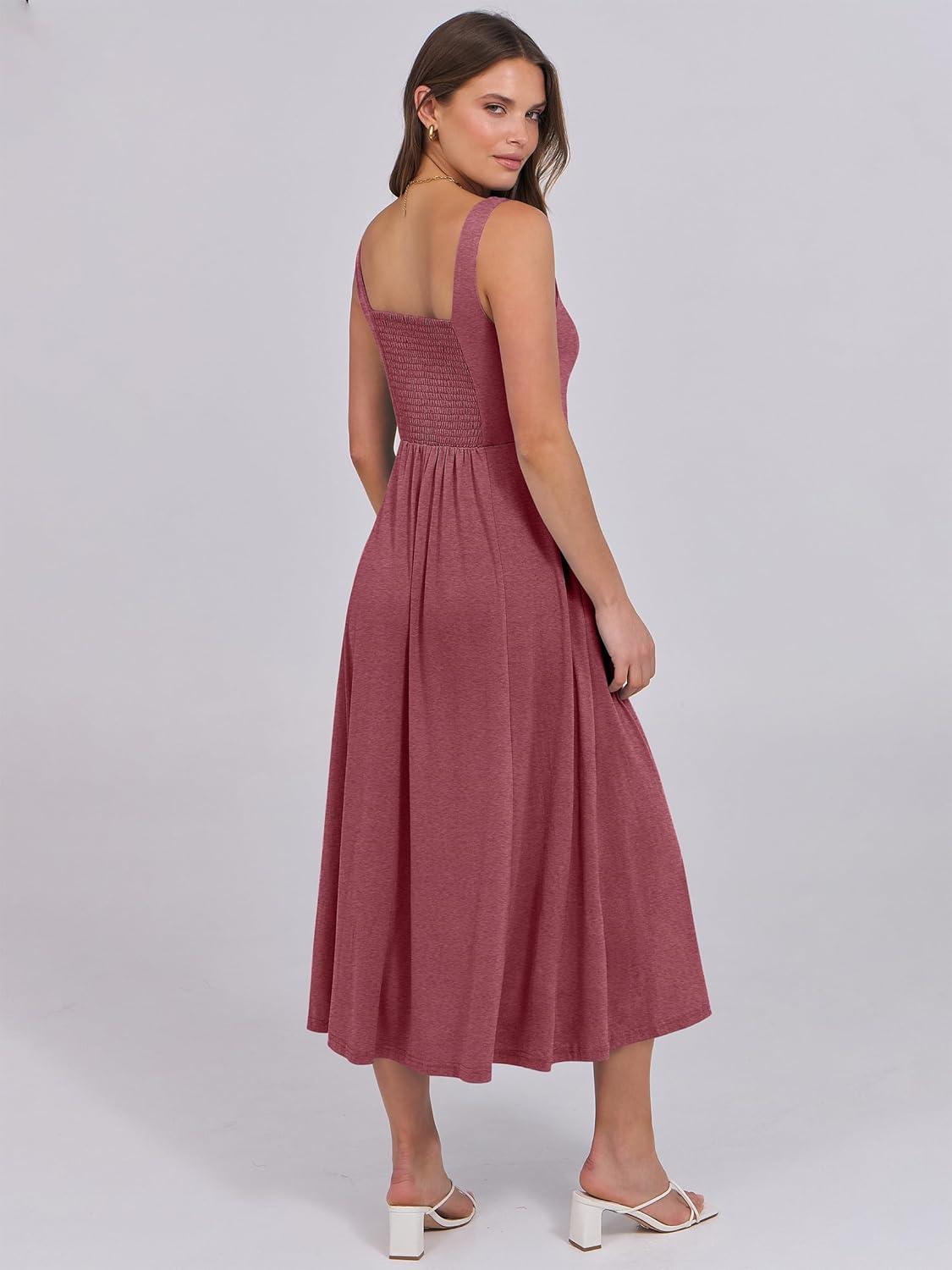 imageANRABESS Women Summer Casual Dress Sleeveless Smocked Back Tank Midi Dresses 2025 Beach Vacation Sundress with PocketsRed