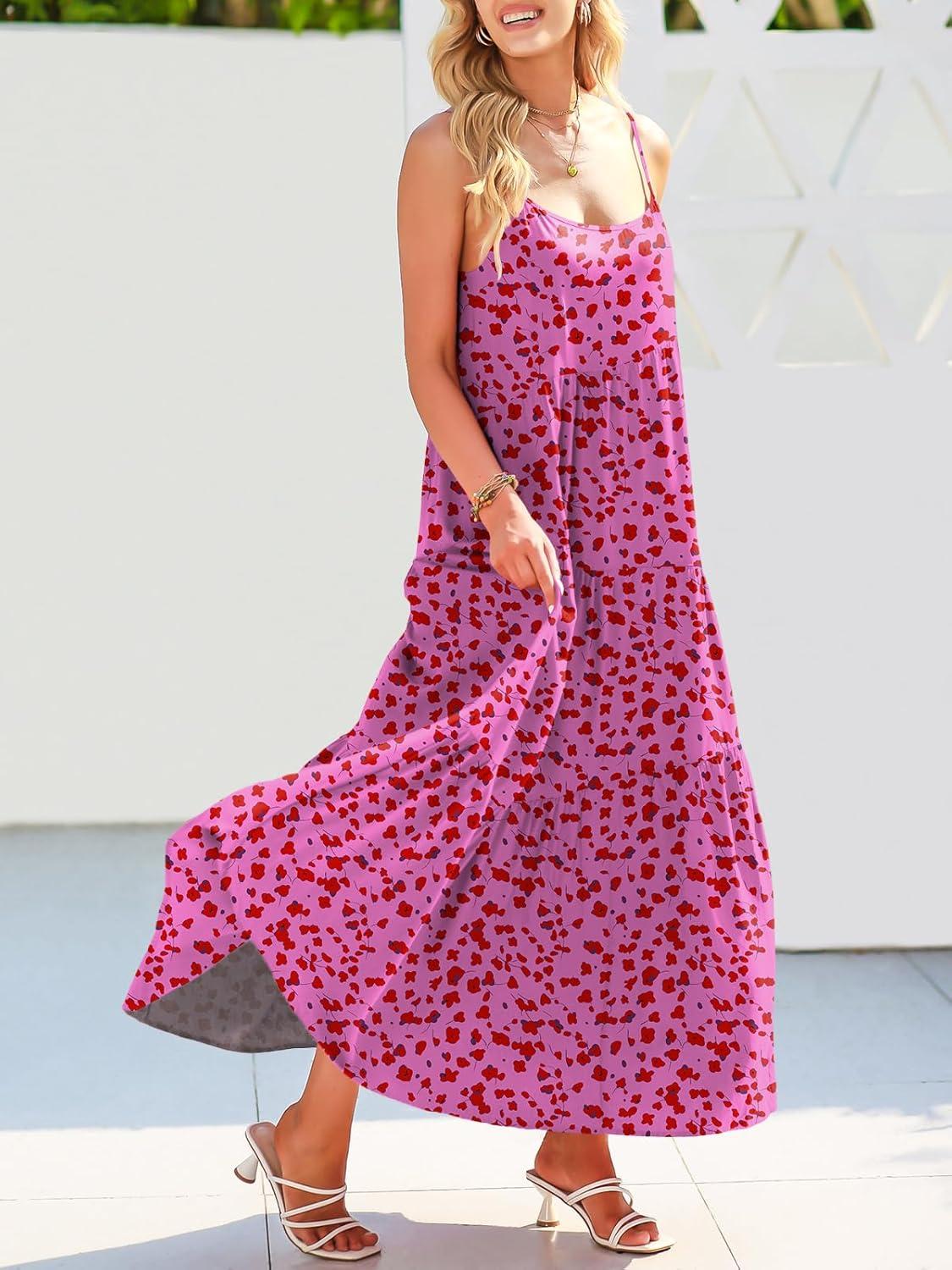 imageANRABESS Women Summer Casual Loose Sleeveless Sundress Spaghetti Strap Flowy Boho Linen Beach Vacation Maxi Long DressRose Red Floral