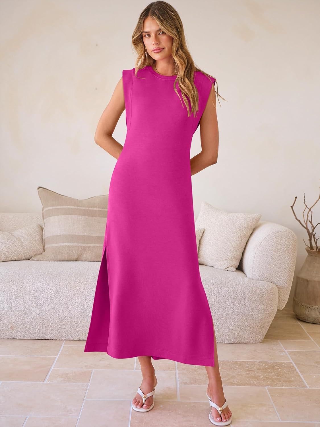 imageANRABESS Women Summer Casual Sleeveless Maxi Dress 2026 Crewneck Loose Split WrinkleFree Beach Travel Vacation Long SundressHot Pink