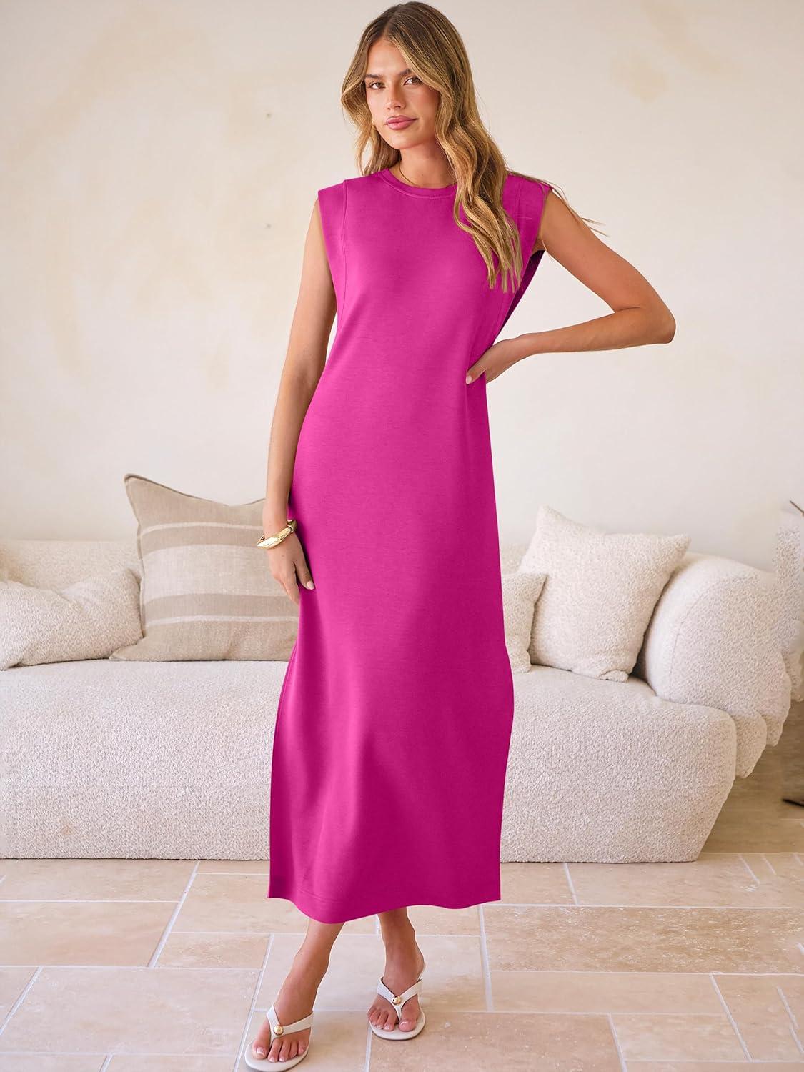 imageANRABESS Women Summer Casual Sleeveless Maxi Dress 2026 Crewneck Loose Split WrinkleFree Beach Travel Vacation Long SundressHot Pink